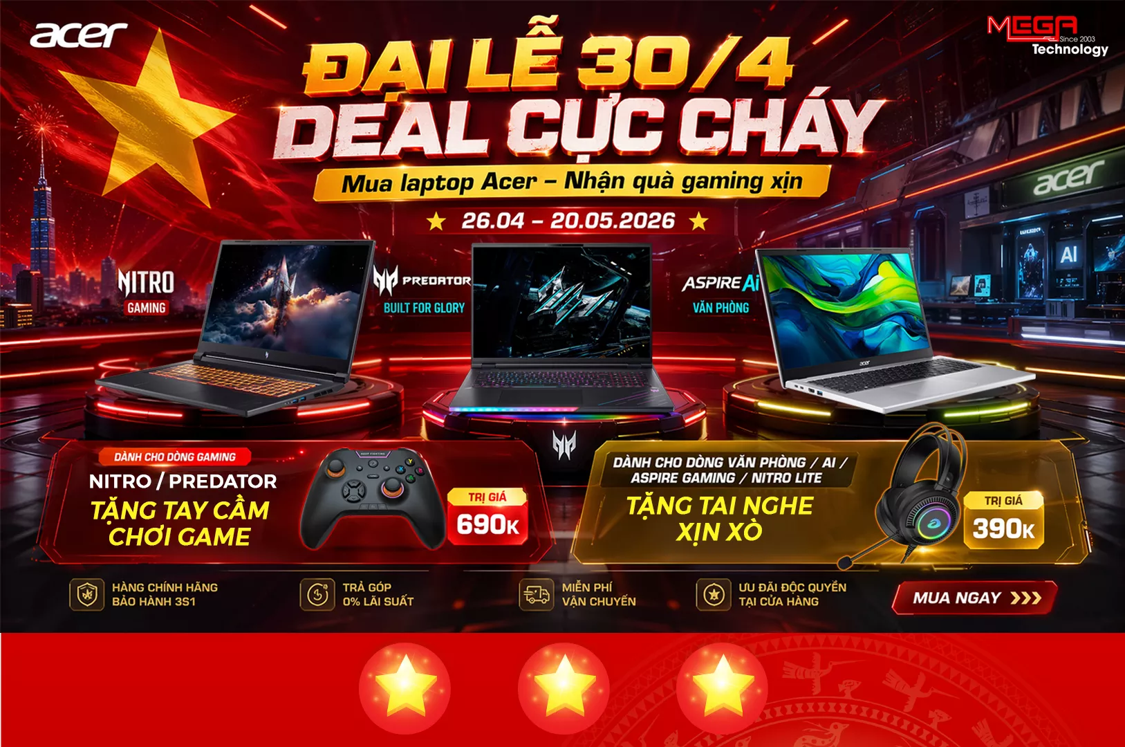 MEGA x Acer: Mua Laptop Acer Tặng Tay Cầm 690K, Tai Nghe 390K